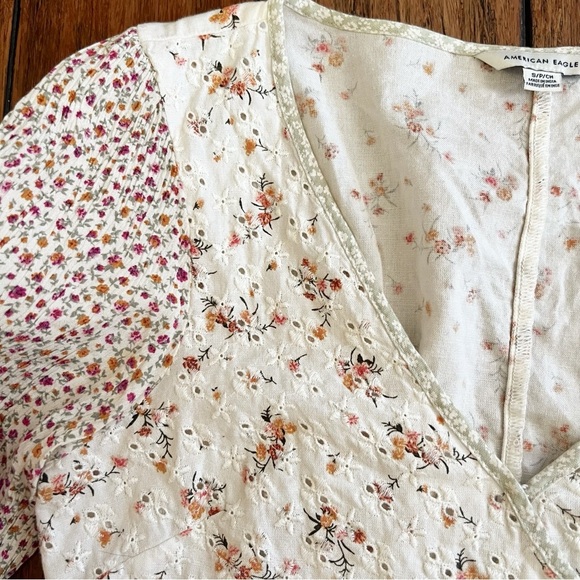 American Eagle Cotton Linen Floral Eyelet Crop Top Cottage Peasant Boho Small - Picture 3 of 14